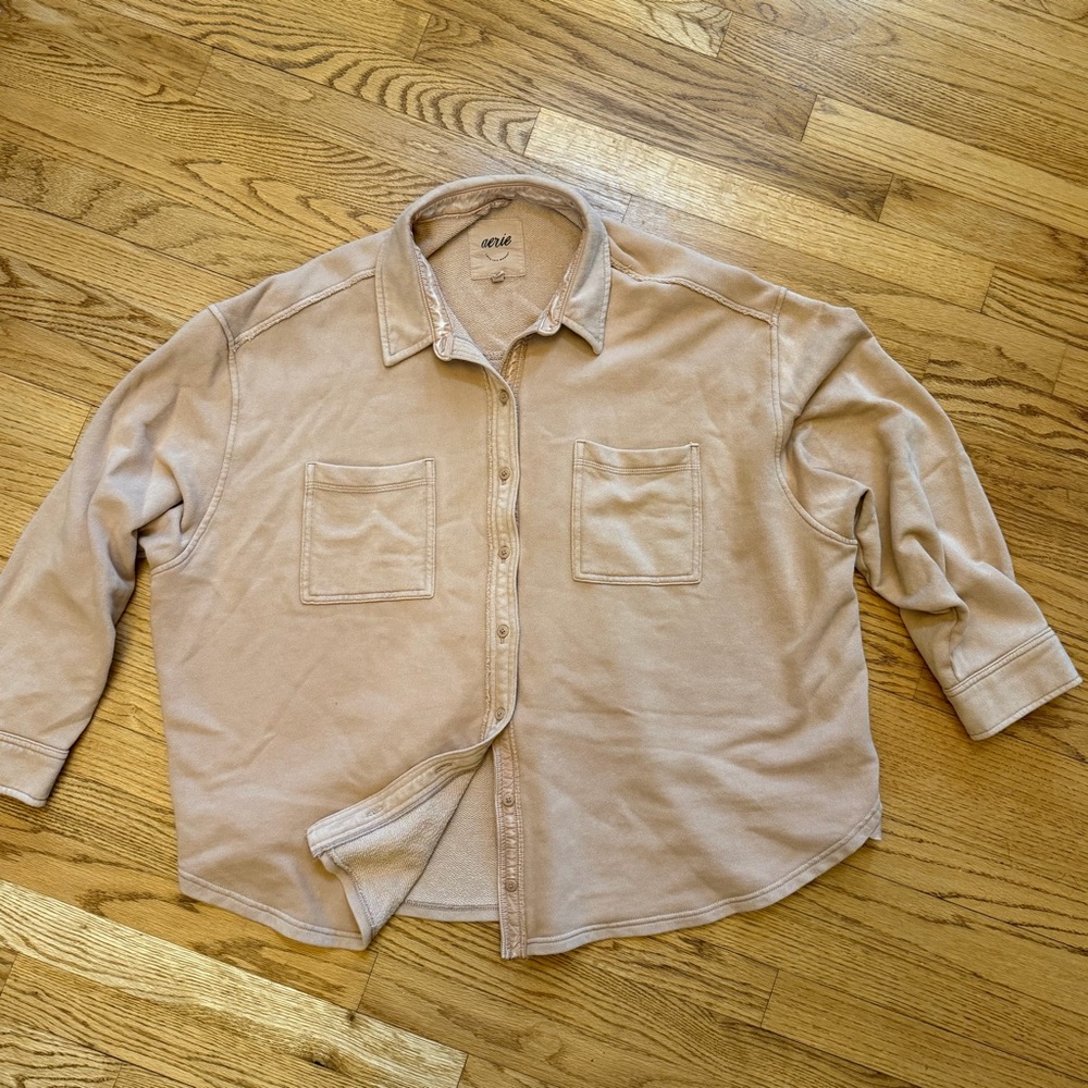 Aerie Beige Button-Up Shirt sweatshirt fabric